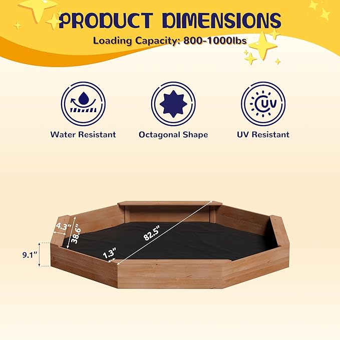 Children's Octagonal Wooden Sandbox with Cover and 4 Sturdy Benches, 8 Seats, Large Wood Octagonal Sandpit for Backyard, Patio, Garden