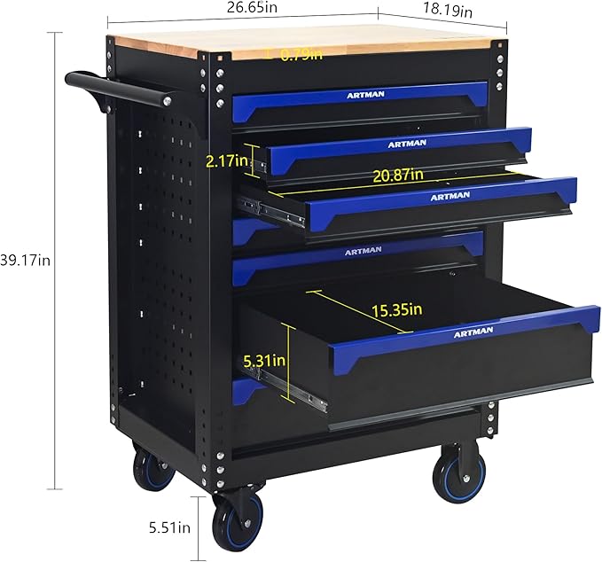 RYH 26.65 W Rolling Tool Cart with Wheels & Wood Top | Mobile Tool Chest Organizer for Garage Storage Cabinet & Toolbox | Heavy-Duty Steel Tool Box (Black-Blue, 7-Drawers 39.17 H¡¿26.65 W -2)