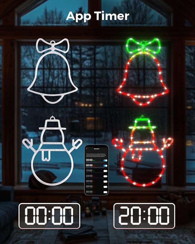 15'' Smart Christmas Window Lights 4 Pack, Color Changing Window Silhouette Lights, Timer, App Control, Music Sync, Bells, Snowflake, Star, Lighted Christmas Decorations for Indoor Outdoor