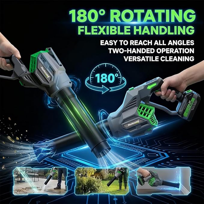 Cordless Leaf Blower with 180¡Æ Rotatable Nozzle & USB-C Charging - No DC Adapter Needed, Includes 2 Batteries for Extended Runtime, Lightweight Handheld for Lawn, Patio, Garage and Truck Bed Cleaning