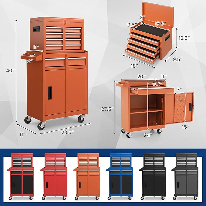 ERGOMASTER Tool Chest Heavy Duty Rolling Tool Box with Cabinet 5-Drawer for Lockable & Removable Cabinet for Garage and Workshop - Orange