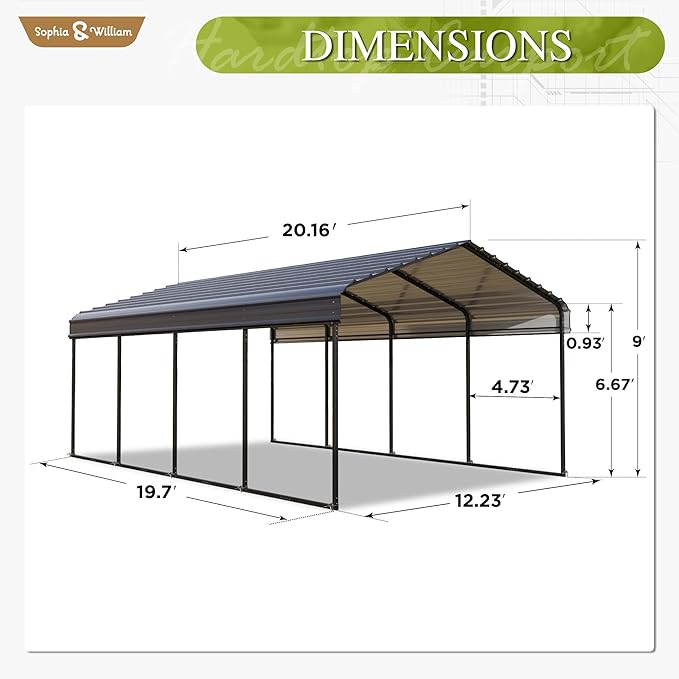 Sophia & William Carport Car Port Metal Canopy 12x20 ft Heavy Duty for Snow, Portable Garage Kit Shed Tent Shelter Metal Frame All Weather Outdoor for Boat with Anti-Leak Seam Taped, Dark Grey