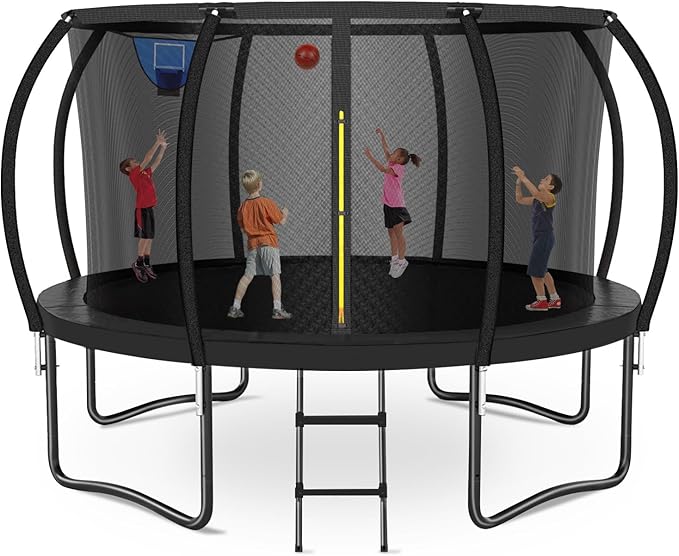 8FT 10FT 12FT 14FT 16FT Trampoline Outdoor, Trampolines for Kids & Adults, Pumpkin Trampolines with Safety Net, Ladder, Coating Metal Frame, ASTM Approved Large Backyard Trampoline for Kids