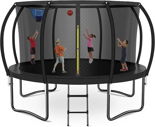 8FT 10FT 12FT 14FT 16FT Trampoline Outdoor, Trampolines for Kids & Adults, Pumpkin Trampolines with Safety Net, Ladder, Coating Metal Frame, ASTM Approved Large Backyard Trampoline for Kids