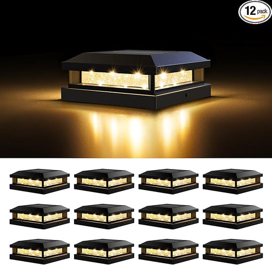 Solar Post Cap Lights Outdoor 12 Packs for 4x4 5x5 Vinyl/Wooden Posts, Waterproof Solar Powered Fence Post Light with Warm/Cool Lighting, Black 16LEDs Deck Cap Light for Garden, Patio, Porch