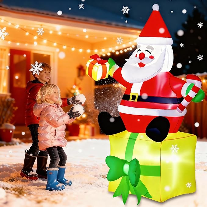 6FT Christmas Inflatables Outdoor Decorations,Inflatable Santa Claus Sitting on Gift Box Build-in LED Light-Christmas Blow Up Yard Decorations for Holiday Garden Lawn Yard Patio