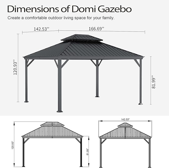 Domi 12x14FT Outdoor Gazebo, Hardtop Gazebo with Galvanized Steel Double Roof, Metal Gazebos with Drainage System Patio Pergola for Patio Deck Backyard,Curtain and Netting, Gray