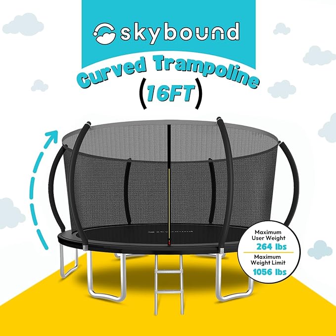 SkyBound Trampoline with Curved Safety Padded Poles - Large Outdoor Backyard ASTM Safety Approved Trampolines for Kids & Adults - Heavy Duty Recreational Outside Trampoline with Safety Net