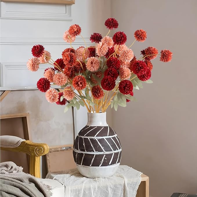 Hananona 12 Pcs Artificial Chrysanthemum Flowers, Orange Kiku Pom Pom Mums Flower Faux Fall Floral for Autumn Halloween Kitchen Table Centerpiece Home Decor (12, Burgundy, Burnt Orange, Deep Peach)