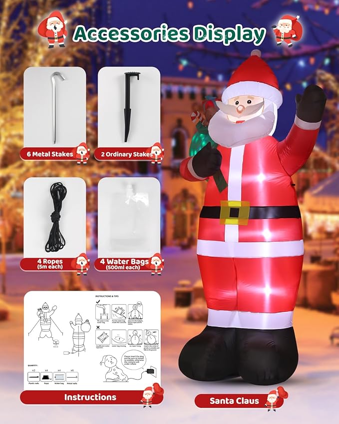 12 FT Giant Christmas Inflatable Santa Claus Outdoor Yard Decor with LED Lights and Metal Stakes - Blow Up Holiday Lawn and Garden Decoration- Perfect for Festive Home Display