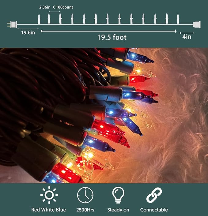 Red White Blue 4th of July Patriotic Day Decorations Lights 100 Count Mini String Lights with Green Wire for Outdoor Indoor Christmas,Holiday,Party, Independence Day Decor,UL Certified (21feet)