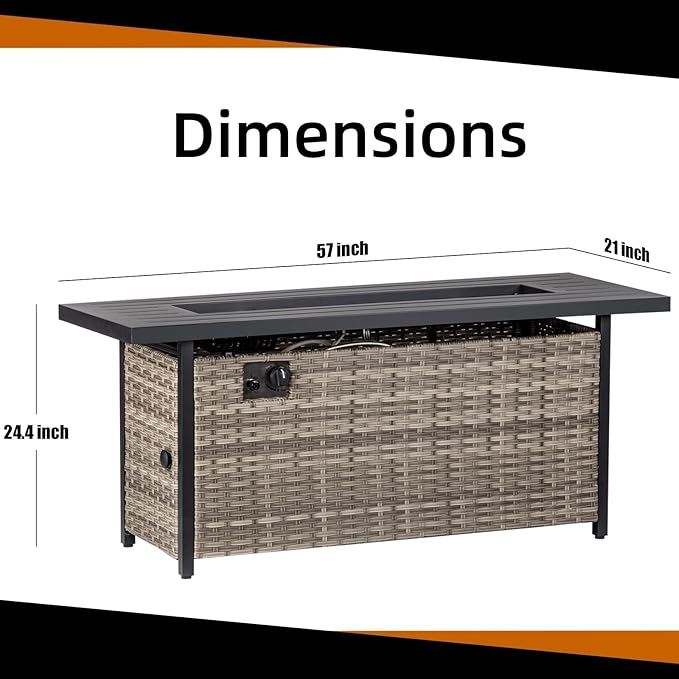 57 inch Propane fire Pit Table with Waterproof Cover & Ratten Side Panel, 50000 BTU Gas Firepit Table with Lid & Lava Rock, Outdoor Fire Pit for Dining or Party, Firepit for Outside, Patio