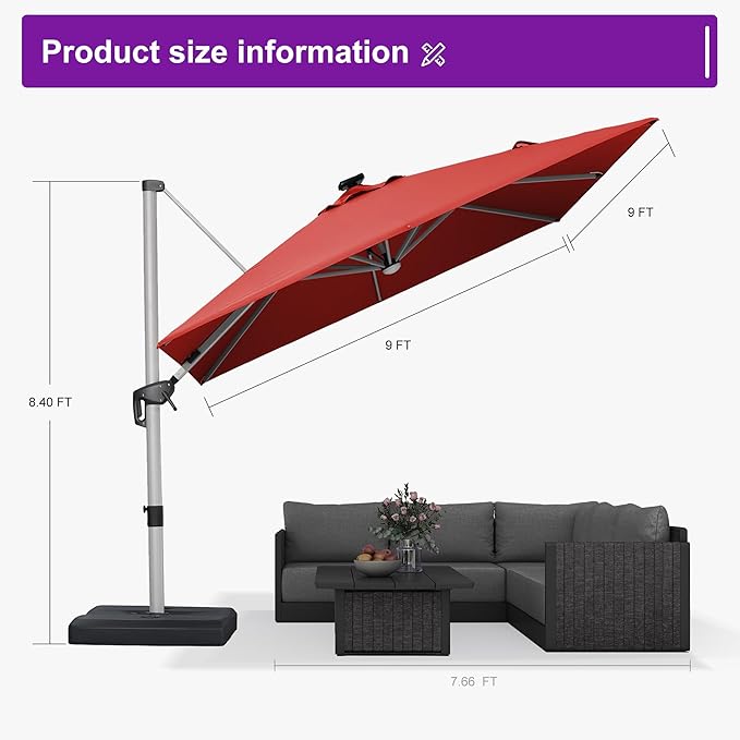 PURPLE LEAF Patio Umbrella with base 9 Feet Outdoor Square Cantilever Umbrella Solar Powered LED with 360-degree Rotation for Garden Deck Pool Patio, Brick Red
