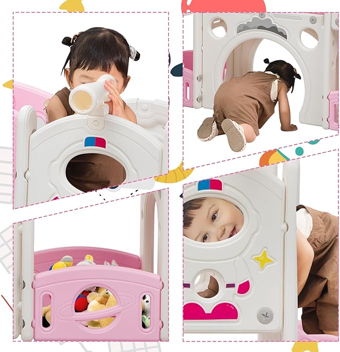 9 in 1 Toddler Slide and Climber Playset Freestanding Backyard Playground for Children Age 1-4, Indoor Outdoor Kids Slide with Basketball Hoop,Telescope, Ring-toss and Storage Space