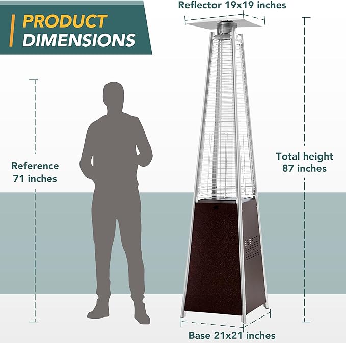 Pamapic Patio Heater, 48,000 BTU Pyramid Flame Outdoor Heater with Cover, Quartz Glass Tube, 87 Hammered Bronze Tower Propane Outdoor Heater with Wheels