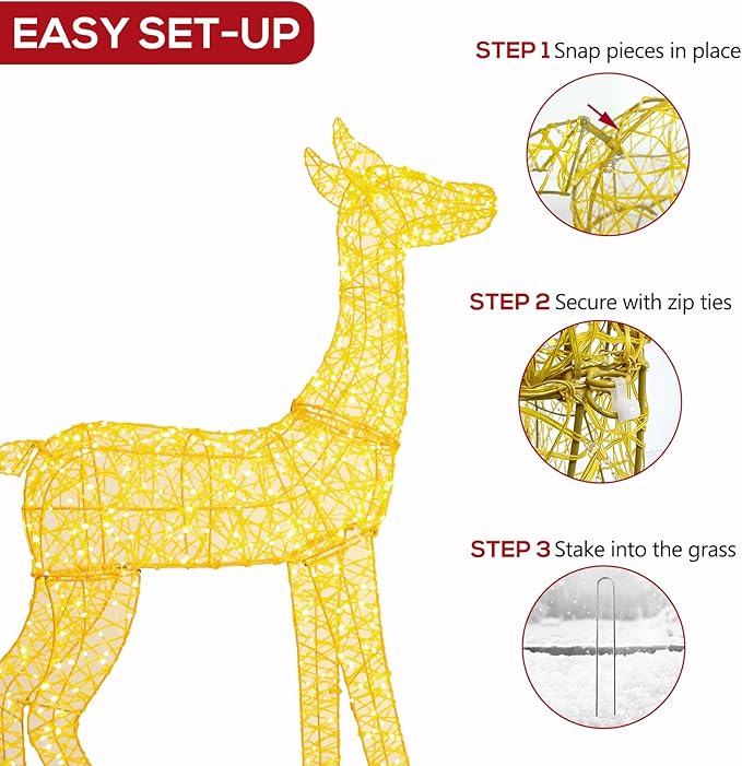 Hykolity 3.5 FT 3D Lighted Outdoor Christmas Reindeers, 2-Piece Light UpTwinkling Deer Set with 900 Warm White LED Lights, Groud Stakes, Zip Ties for Holiday Decorations