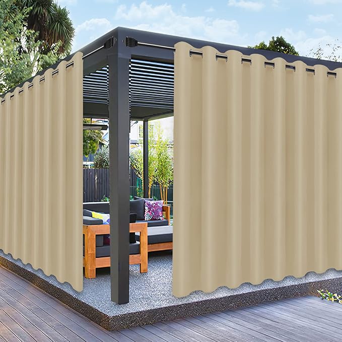 PureFit Outdoor Curtains for Patio Waterproof Weatherproof, UV Resistant Outside Curtains for Gazebo, Front Porch, Pergola, Sun Blocking Privacy Curtain, 120W x 108L inch, 1 Panel, Beige