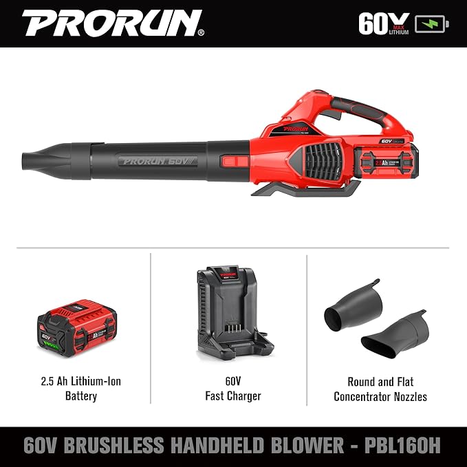 PRORUN 60V 680 CFM 190 MPH Brushless Cordless Handheld Leaf Blower with 2.5 Ah Battery and Charger PBL160H