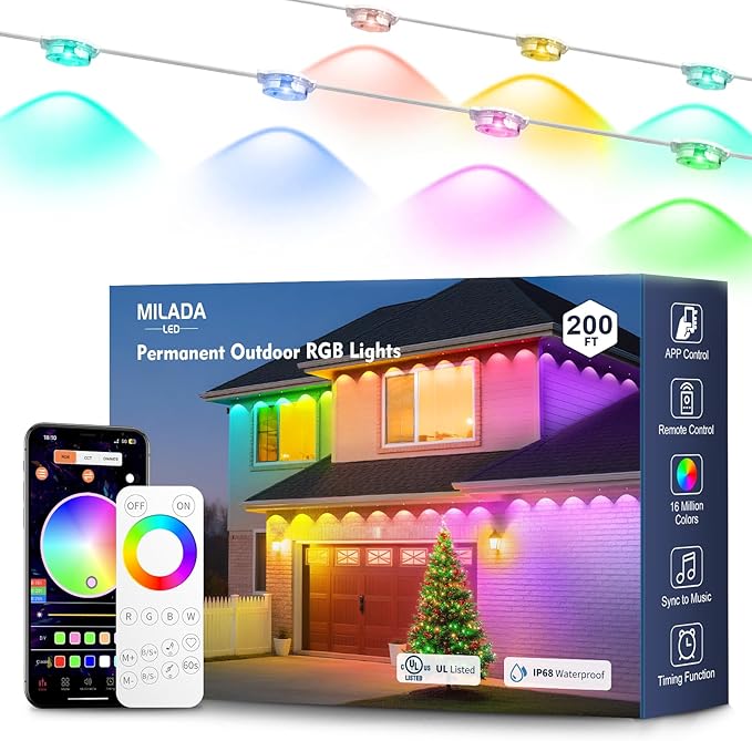 Permanent Outdoor Lights RGB Smart IC 200FT/100LEDs Decor IP68 Waterproof Music Sync with Remote&APP Control Suitable for Holiday Decoration Christmas Lights Garden Party Decor Deck