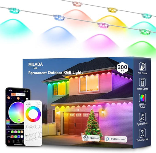 Permanent Outdoor Lights RGB Smart IC 200FT/100LEDs Decor IP68 Waterproof Music Sync with Remote&APP Control Suitable for Holiday Decoration Christmas Lights Garden Party Decor Deck