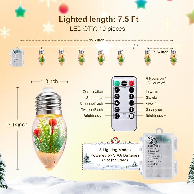 Brightown Christmas Lights Indoor, 7.5Ft Christmas Snow Globe Lights with Berry & Pine Needles,Battery Powered String Lights for Tree Garland Party Xmas Decor