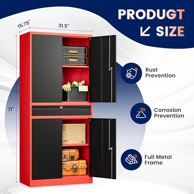 Yizosh Metal Garage Storage Cabinet with Locking Doors and Adjustable Shelves,- 71 Tool Storage Cabinet with 1 Drawer for Garage,Office,Warehouse