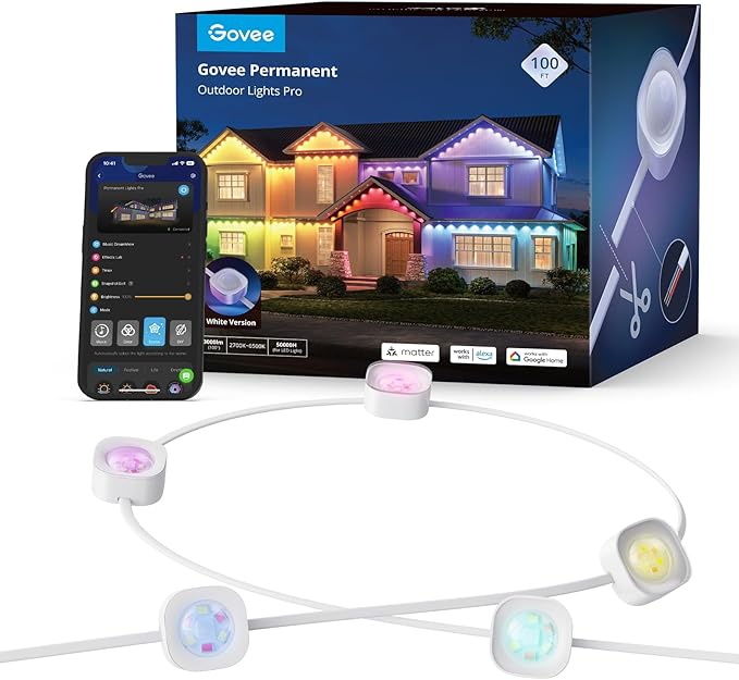 Govee Permanent Outdoor Lights Pro, 100ft with 60 RGBIC LED Lights for Daily and Accent Lighting, 75 Scene Modes for Outdoor Decor, IP67 Waterproof, Works with Alexa, Google Assistant, Matter, White