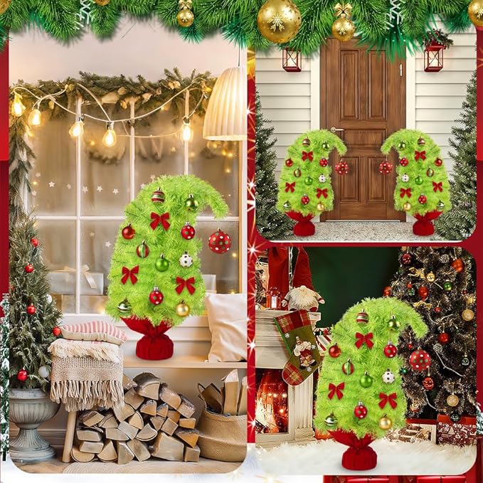 2FT Artificial Whimsical Christmas Tree Lime Small Bendable Christmas Tree with Lights Hanging Balls Bows Curved Shape Tabletop Tree Decor for Xmas Holiday Indoor Outdoor Decor