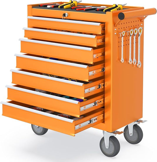 7 Drawers Rolling Tool Box, Portable Storage Tool Chest with Wheels, Toolbox with Lock for Warehouse, Garage, Repair Shop and Tool Room (Orange)