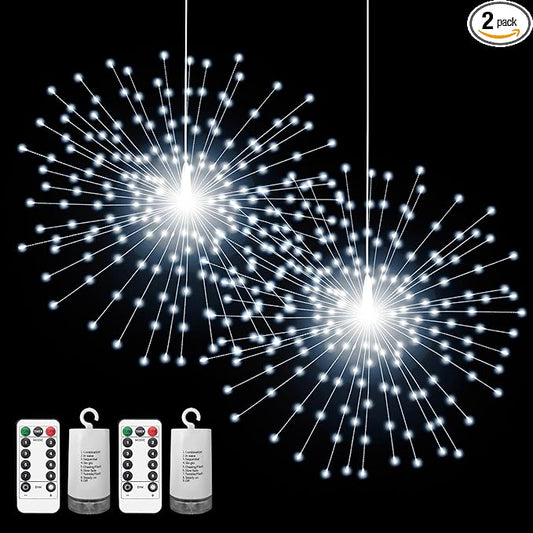 2 Pack Starburst Sphere Lights,200 LLED Firework Lights, 8 Modes Dimmable Remote Control Waterproof Hanging Fairy Light, Copper Wire Light for Patio Parties Christmas (White)