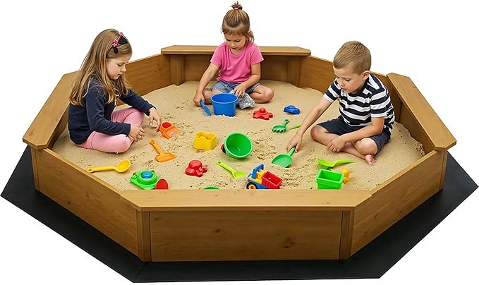 68x68x8.4 Kid's Octagonal Wooden Outdoor Sandbox,Large Natural Wooden Sandpit with 4 Benches, Bottom Liner,Sand Box for Backyard, Patio, Outdoor Play Sand Box for Kids Ages 4-8