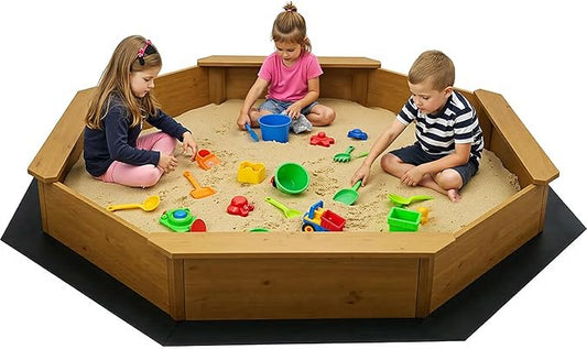 68x68x8.4 Kid's Octagonal Wooden Outdoor Sandbox,Large Natural Wooden Sandpit with 4 Benches, Bottom Liner,Sand Box for Backyard, Patio, Outdoor Play Sand Box for Kids Ages 4-8