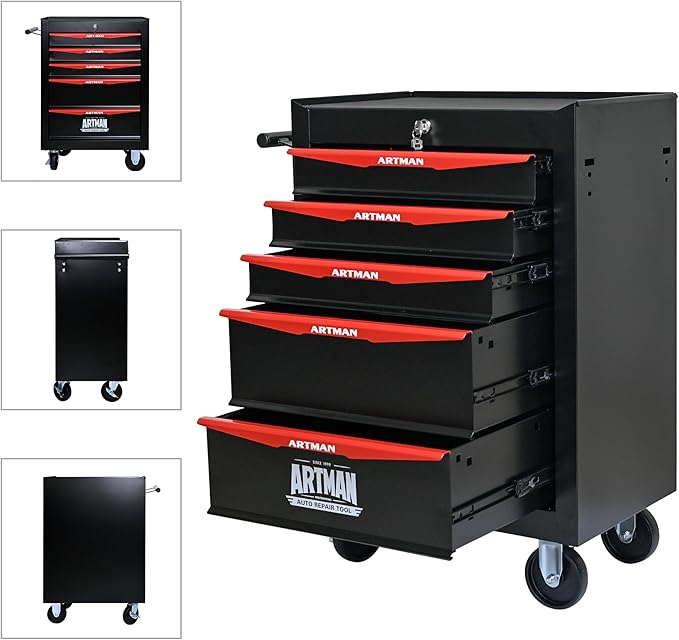 RYH 5 Drawers Rolling Tool Chest - Heavy Duty Mobile Tool Cart with Locking Wheels & Ball Bearing Drawers 30.5 H x 20.9 W x 13 D, Garage Tool Storage Cabinet (Black, 5 Drawers)