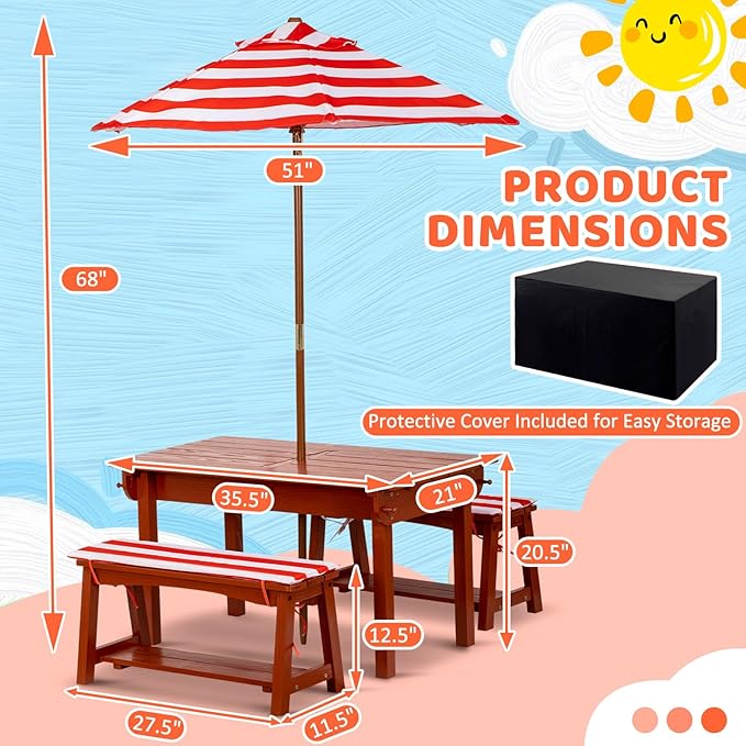 Kids Picnic Table with Umbrella, Outdoor Wooden Table & Bench Set w/Cushions & 2 Removable Boxes, 4-in-1 Children Sand and Water Activity Furniture w/Storage Cover for Patio, Garden