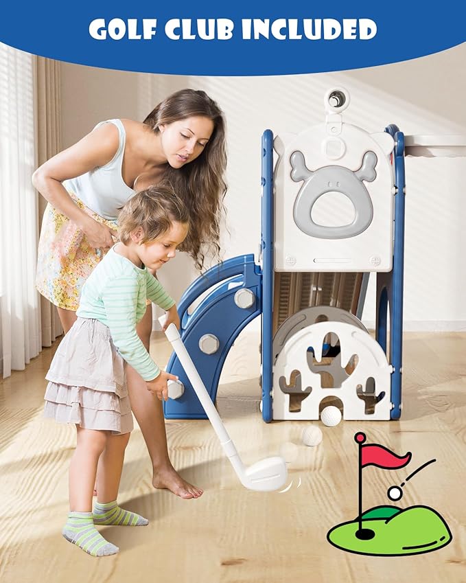 XJD 7 in 1 Toddler Slide, Kids Indoor Slide for Toddlers 12 to 36 Months, New Upgrade with Golf, Basketball Hoop for Indoor Outdoor Playset, Birthday Gifts for Toddler (Blue Gley)