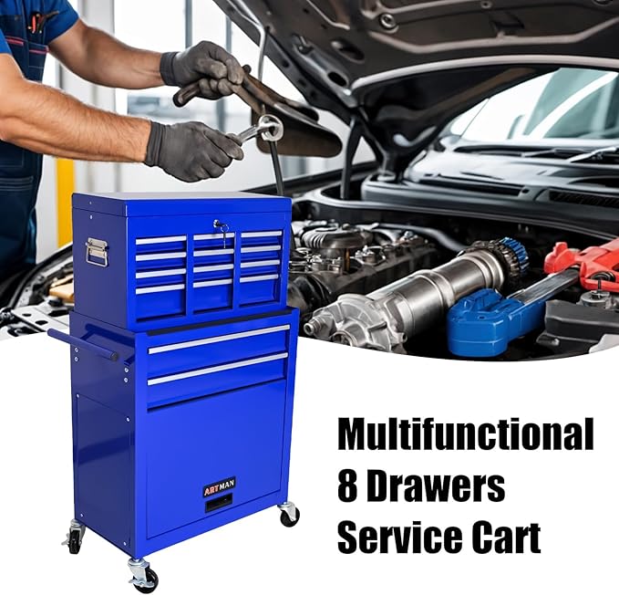 Rolling Tool Chest with Wheels, 8-Drawer Steel Tool Storage Cabinet with Lockable Top, Heavy-Duty Mobile Tool Box Organizer for Garage, Workshop & Job Site