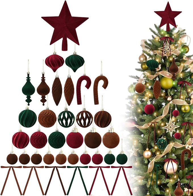80Pcs Velvet Star Topper & Ornaments for Christmas Tree Decorations - 1 Topper Star, 2 Candy Canes, 27 Flocked Shatterproof Balls and 50 Bows (Multi-Color)