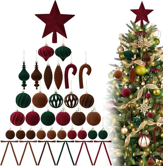 80Pcs Velvet Star Topper & Ornaments for Christmas Tree Decorations - 1 Topper Star, 2 Candy Canes, 27 Flocked Shatterproof Balls and 50 Bows (Multi-Color)