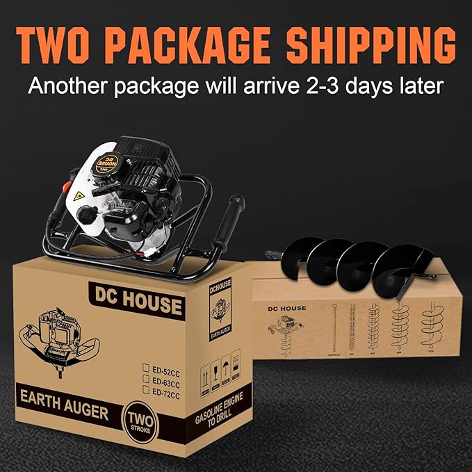 DC HOUSE Post Hole Digger, 52cc 1800W Gas Powered Earth Auger Earth Digger, Auger Post Hole Digger with Two Drill Bit 6 & 10 and Extension Rods, for Fence, Farmland and Garden, EPA Certified