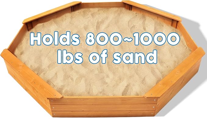 Kids Large Octagonal Wooden Outdoor Sandbox with Cover, 4 Built-in Benches Extra Large Sandpit, Bottom Liner, Playset Gift for Backyard Garden Easy Assembly