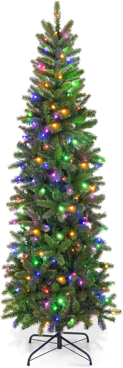 GOFLAME 6ft Pre-lit Pencil Christmas Tree, Artificial Christmas Tree with 270 LED Lights, 10 Light Modes, 648 Branch Tips, Metal Stand, Hinged Xmas Tree for Holiday Festival Decor