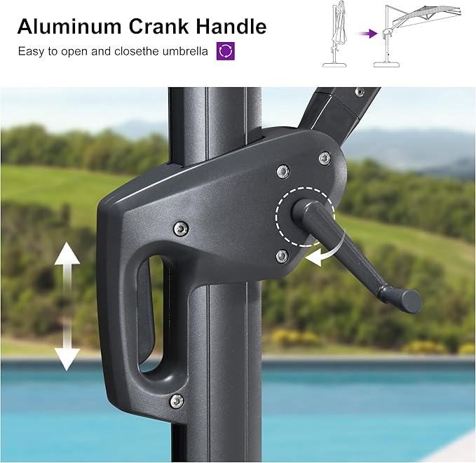 PURPLE LEAF 10' X 10' Swivel Outdoor Patio Aluminum Umbrella with Base Left-right Tilting Cantilever Offset Umbrella with UV Resistant Heavy Duty Fabric for Deck Pool Patio Backyard, Sand Dune
