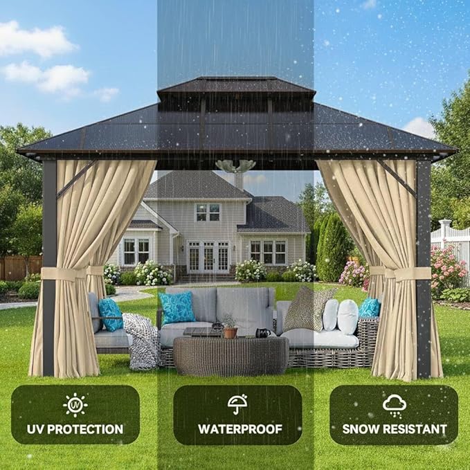 10x12 Hardtop Gazebo with Curtains & Netting, Double Roof Polycarbonate Canopy, Heavy-Duty Aluminum Frame Pergola for Patio, Garden, Deck – All-Weather UV & Rust Resistant