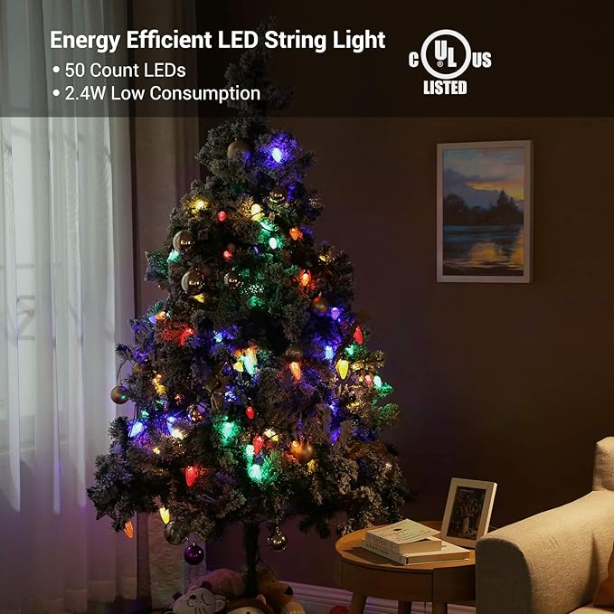 DEWENWILS C9 Multicolor LED Christmas Lights, 33.3ft 50LED Outdoor String Lights for House, Waterproof, Extendable Strawberry Bulb Light for Xmas Tree, Patio, Garden, Yard, Porch, UL Listed