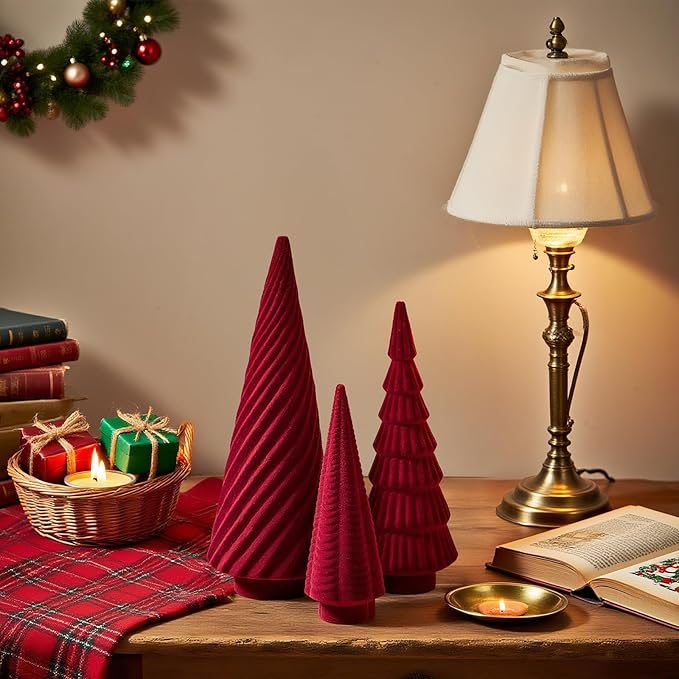 DN DECONATION 3Pcs Flocked Red Velvet Table Top Christmas Tree, Resin Xmas Tree Figurine Decor with Pine, Swirl & Wave Designs, Tree Statues Set for Christmas Indoor Decorations, Mantel, Entryway