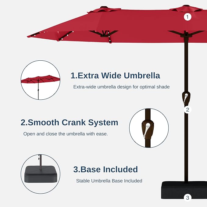 13FT Double-Sided Patio Umbrella with 48 Solar LED Lights, Large Rectangular Outdoor Market Umbrella with Crank Handle, Vented Canopy, Heavy-Duty 12 Rib Steel Frame, for Backyard, Garden, Pool, Red