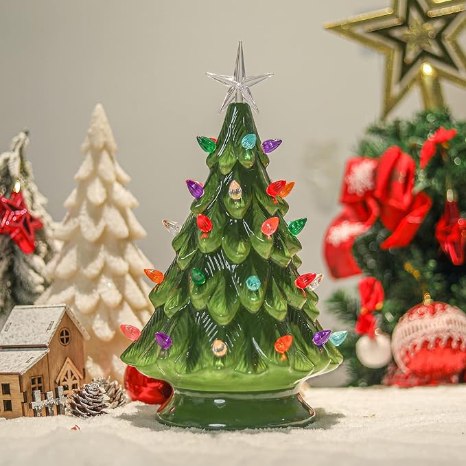 Ceramic Christmas Tree 12 Inch Tabletop Christmas Tree Vintage Christmas Decoration Battery Operated Mini Green Xmas Trees with Multicolored Lights