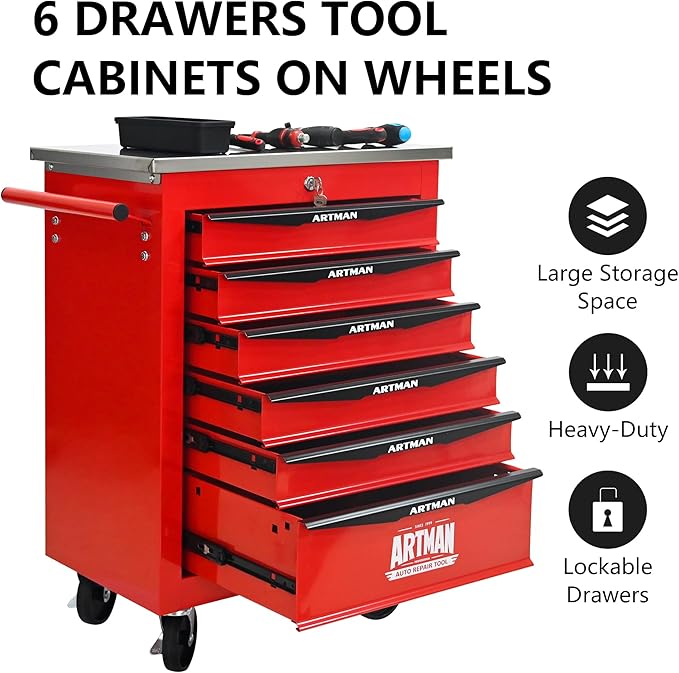 RYH 4/5/6/7 Drawers Rolling Tool Chest -Heavy Duty Mobile Metal Tool Box with Locking Wheels, with Stainless Steel Worktop, Garage Tool Storage Cabinet (Red, 6-Drawers 30.7 H¡¿22.2 W)