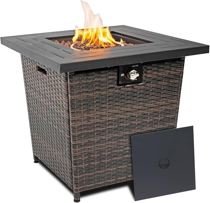 28'' Propane Fire Pit Table, 50,000 BTU Fire Table with Brown Wicker, Laval Rocks, Inclined Leg Design.