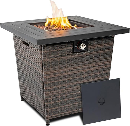 28'' Propane Fire Pit Table, 50,000 BTU Fire Table with Brown Wicker, Laval Rocks, Inclined Leg Design.